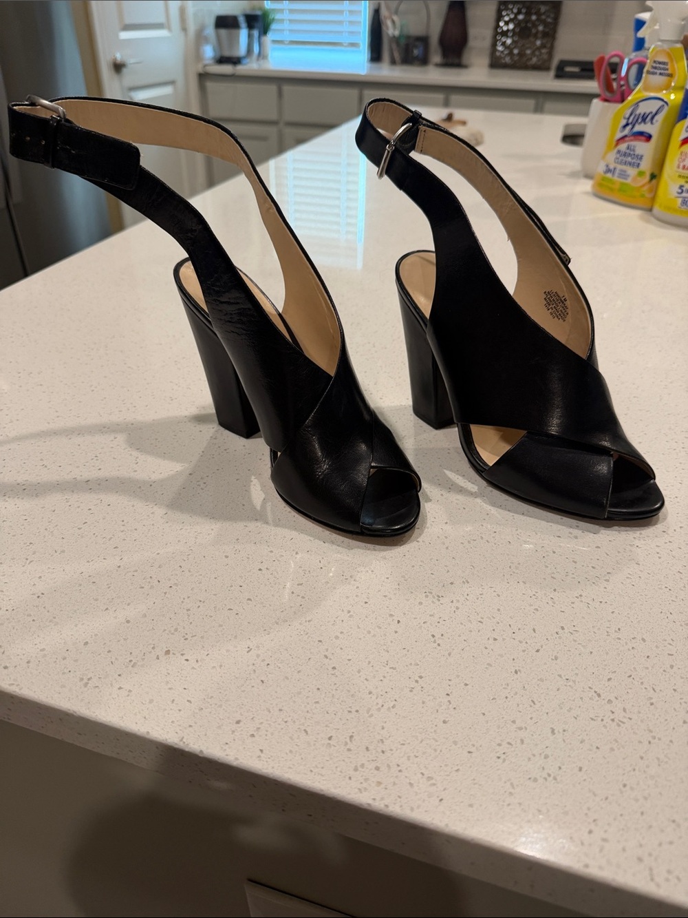 Nine West Black Leather Uppers-  Peep-Toe Slingback Heels. Size 7. Like New